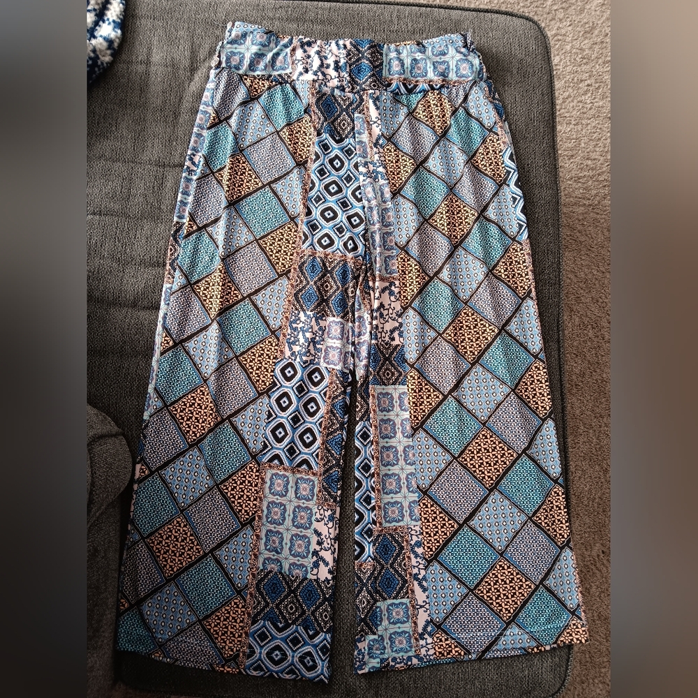 Robert Louis Blue and Brown Geometric Wide Leg Pants